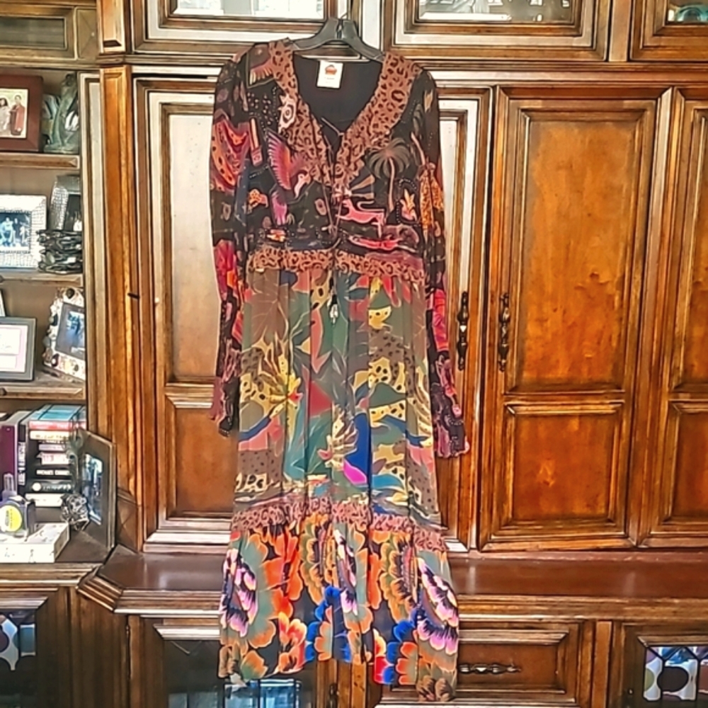 FARM RIO Jungle Animal Print Tiered Ruffle Bottom Maxi Dress! Sz. L, NWOT!